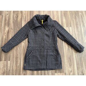 LOLE Plaid Button Hooded Coat Pockets Women’s Large Black Gray Checkered Fleece